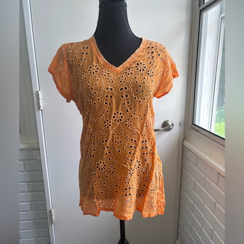 Johnny Was Embroidered Eyelet V Neck Orange Blouse XS Boho‎ Cottagecore Staple
